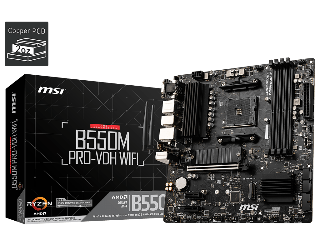 MSI B550M PRO-VDH WIFI Anakart, AM4, DDR4 4400MHz, Micro ATX, Wi‑Fi, 2x M.2