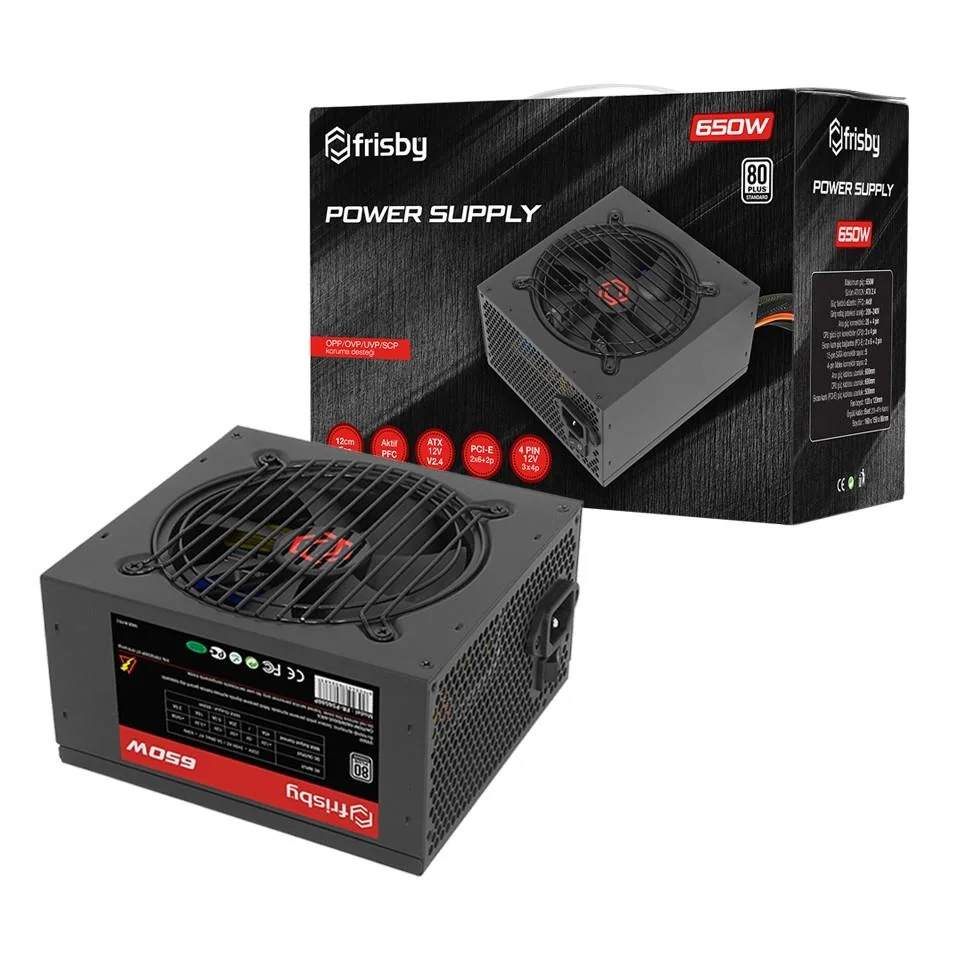 FRISBY FR-PS6580P 650W Power Supply, Aktif PFC, 120mm Fan, PCI-E 2x6+2pin