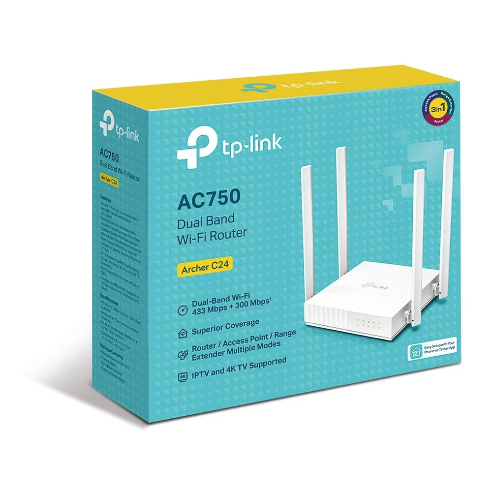 TP LINK TP-Link Archer C24 AC750 Dual Band Kablosuz Router, 4 Antenli Hızlı Ev Wi-Fi Çözümü