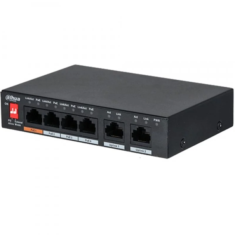 DAHUA PFS3006-4ET-60 4 Port PoE Switch 60W, 2 Uplink, Metal Kasa Masaüstü Ağ Anahtarı