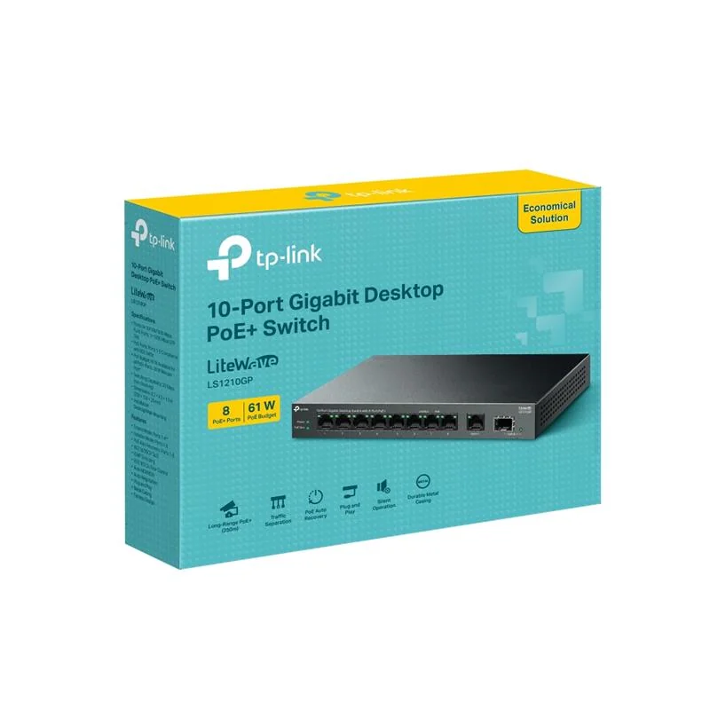 TP LINK TP-Link LS1210GP 10 Port Gigabit PoE+ Switch, 61W, 1 SFP, Metal Kasa, 250m Kamera Çözümü