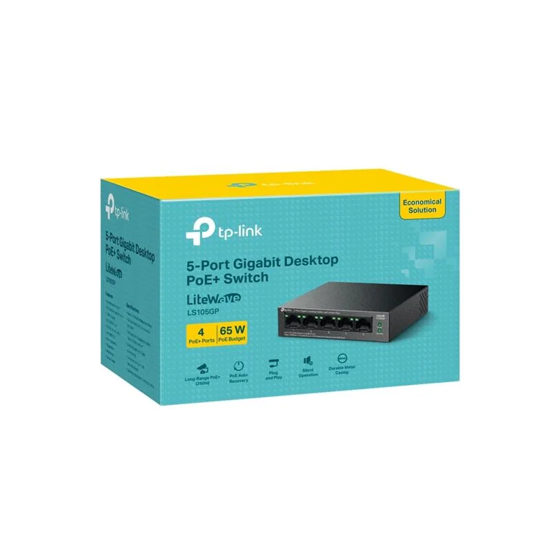 TP LINK TP-Link LS105GP 5 Port Gigabit PoE+ Switch, 65W, 250m Extend, Metal Kasa