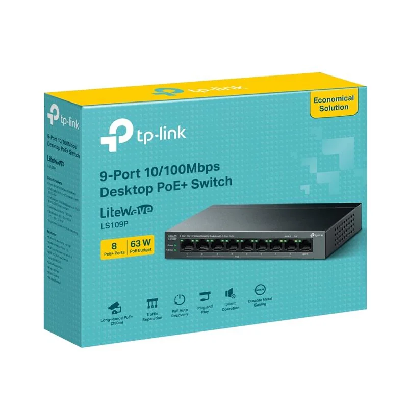 TP LINK TP-Link LS109P 8 Port PoE Switch 63W, 250m Mesafe, Metal Kasa, IP Kamera İçin