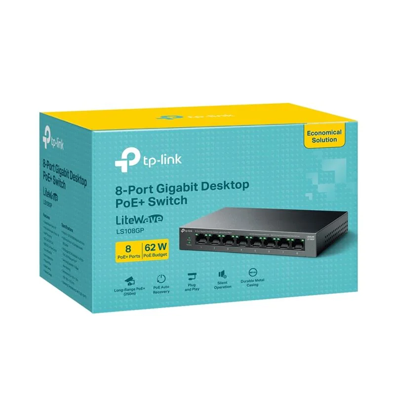 TP LINK TP-Link LS108GP 8 Port Gigabit PoE Switch, 62W, 250m Extend, Metal Kasa