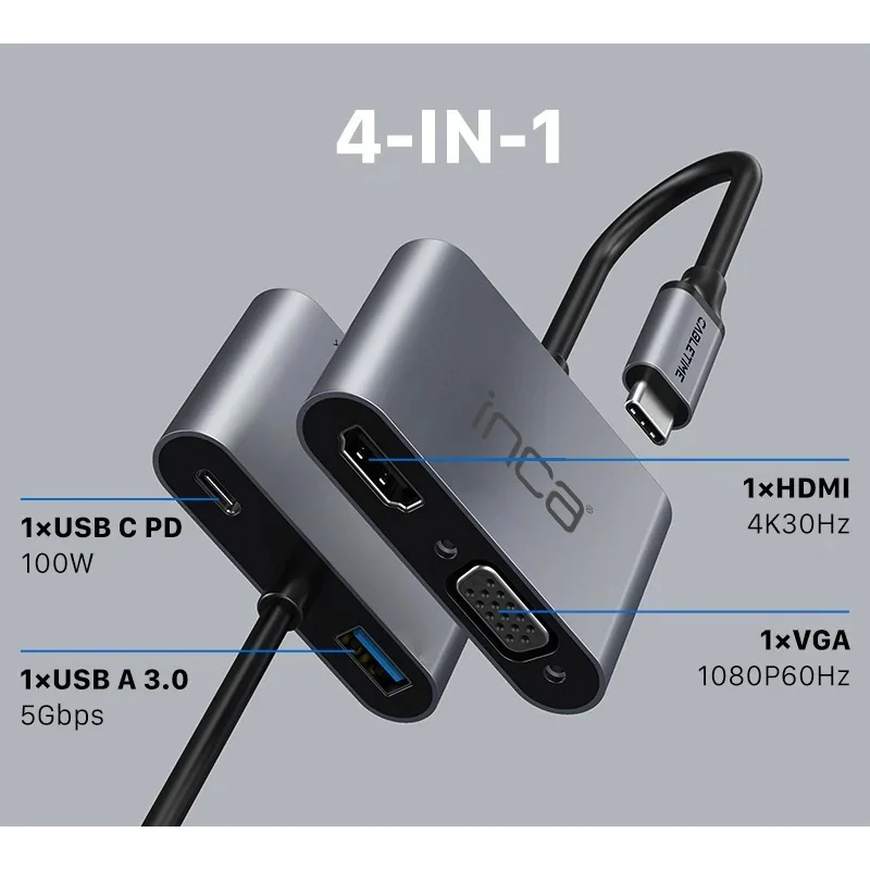 INCA ITPC-06T Type-C Hub 4'ü 1 Arada, HDMI 4K 30Hz, VGA, USB 3.0, 100W PD